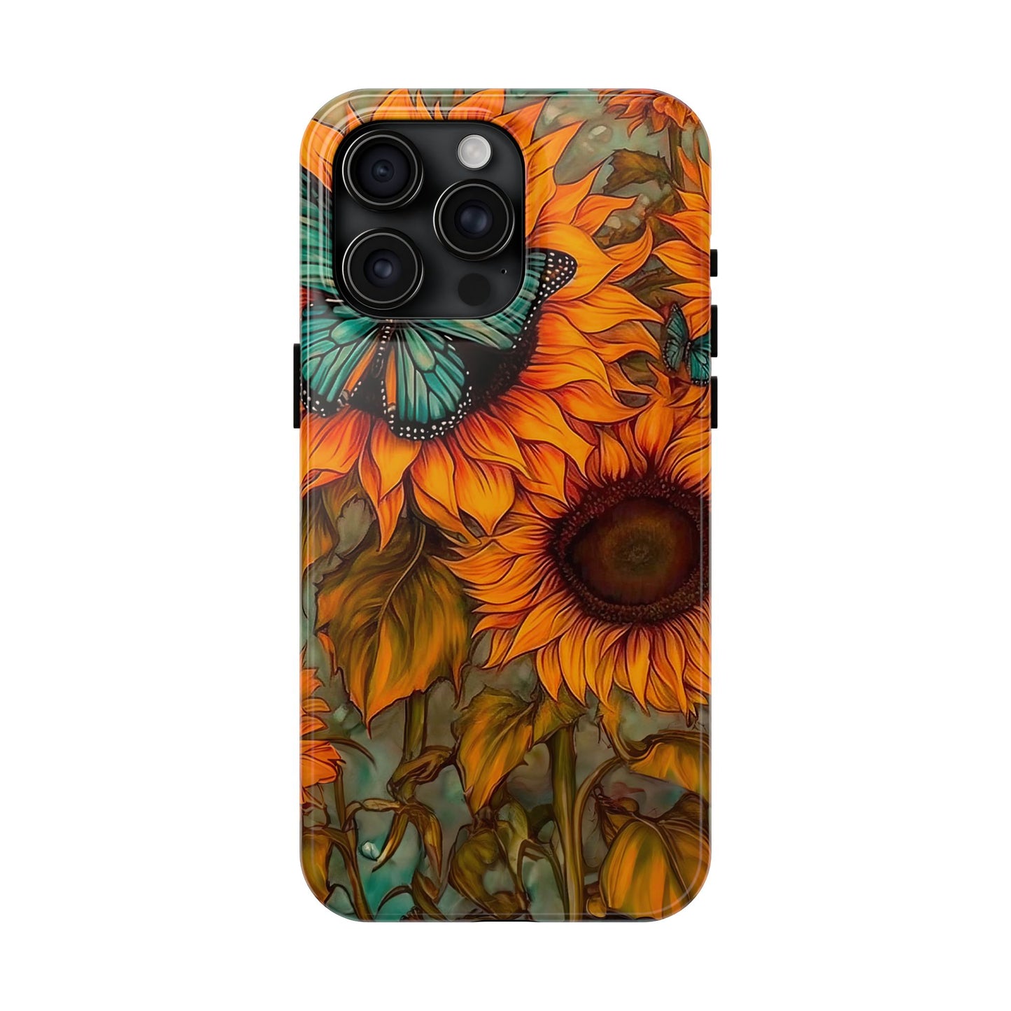 Vintage Blue Butterfly & Sunflower Art – iPhone Case