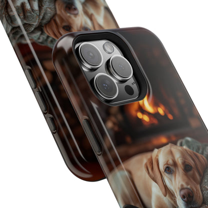 Cozy Labrador by Fireplace MagSafe iPhone Case – Rustic Cabin Protective Cover