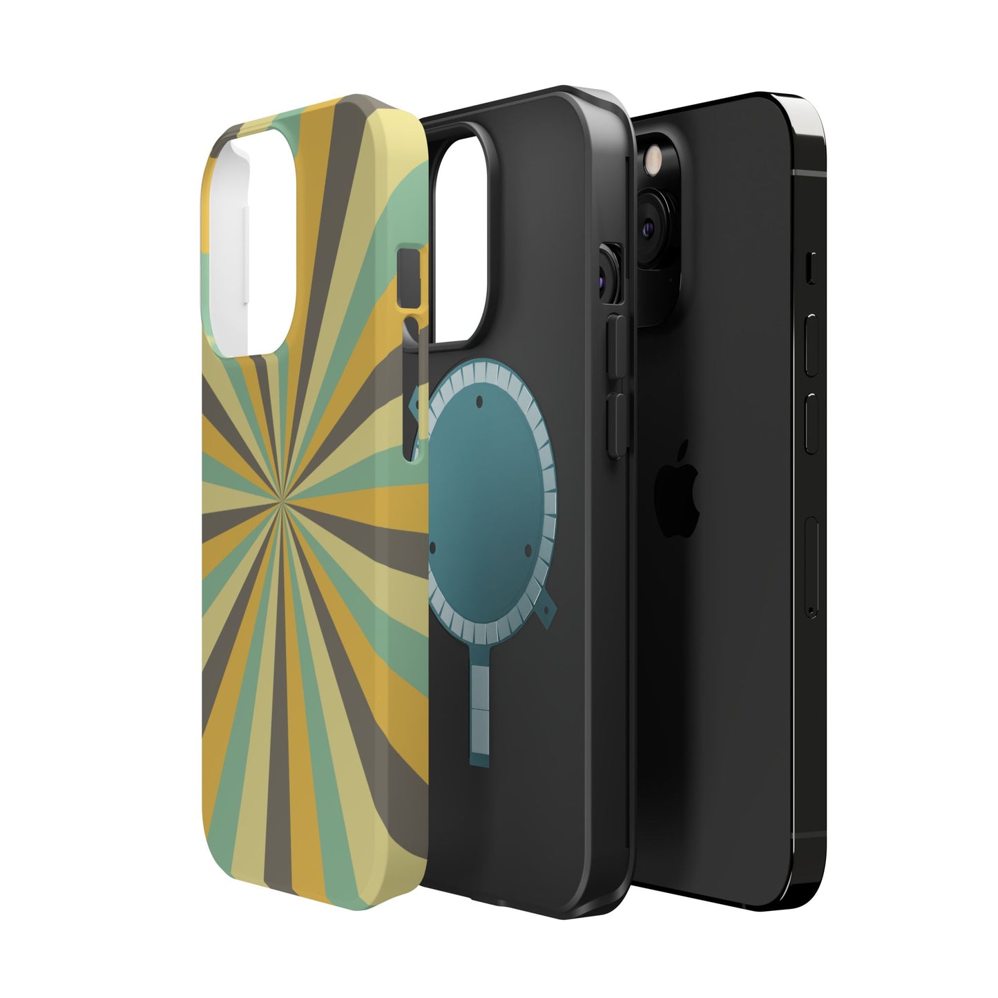 Vintage Sunburst Rays MagSafe iPhone Case – Bold 70s-Inspired Burst in Yellow, Mint, and Gray