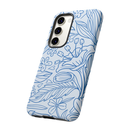 Dusty Blue Floral Line Art Tough Samsung Galaxy Case – Minimalist Botanical Design with Dual-Layer Protection