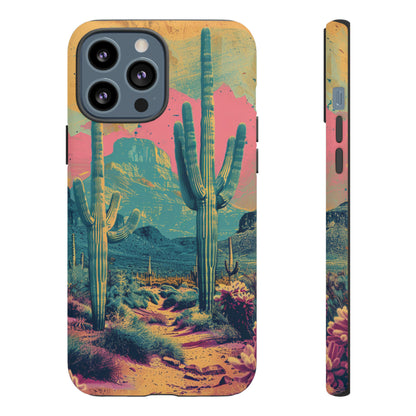 Desert Oasis Retro Cactus Phone Case - Vibrant Sunset Landscape for iPhone 15/14/13/12, Samsung S24/S23/S22/S21, & Google Pixel