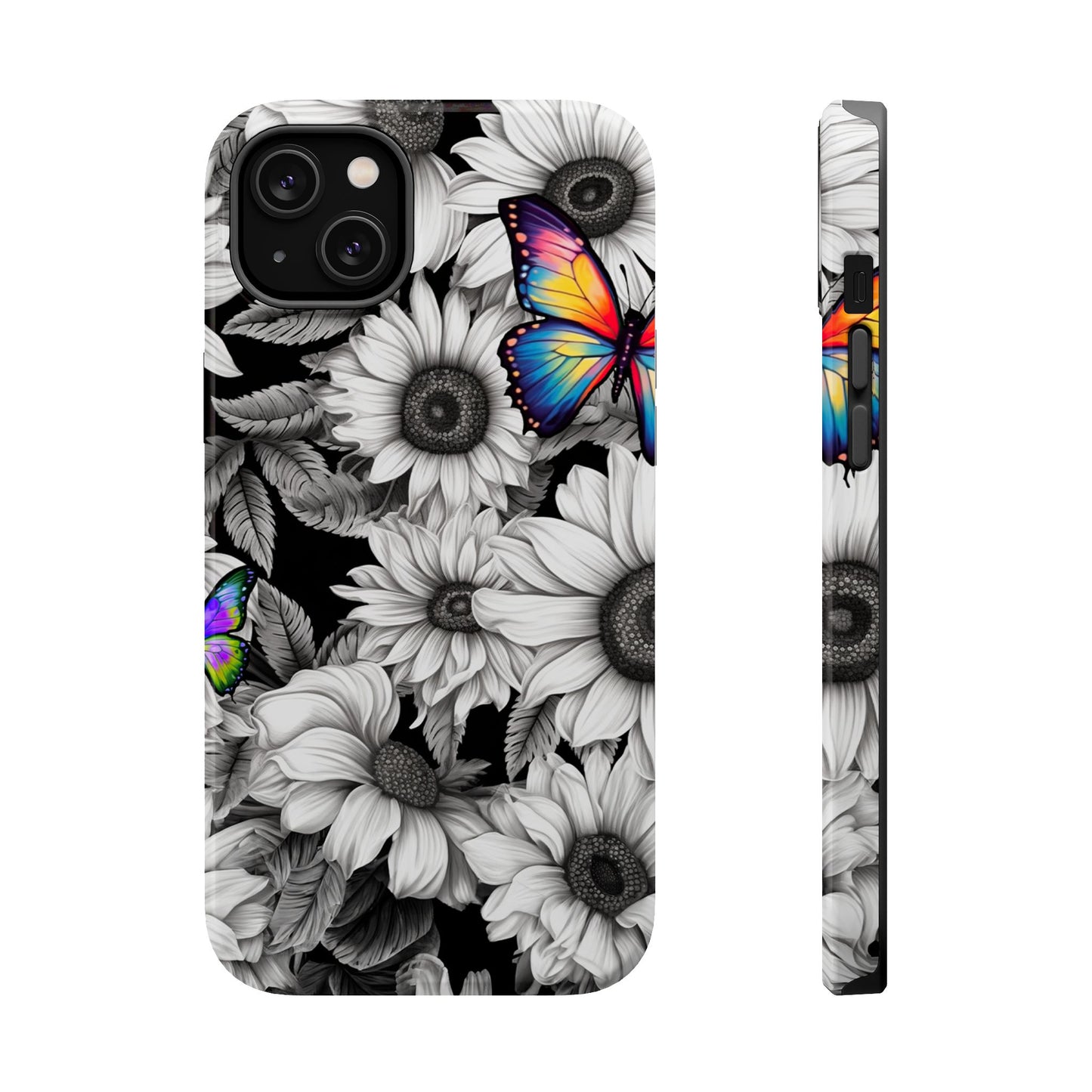 Rainbow Butterflies & Monochrome Sunflowers – MagSafe iPhone Case