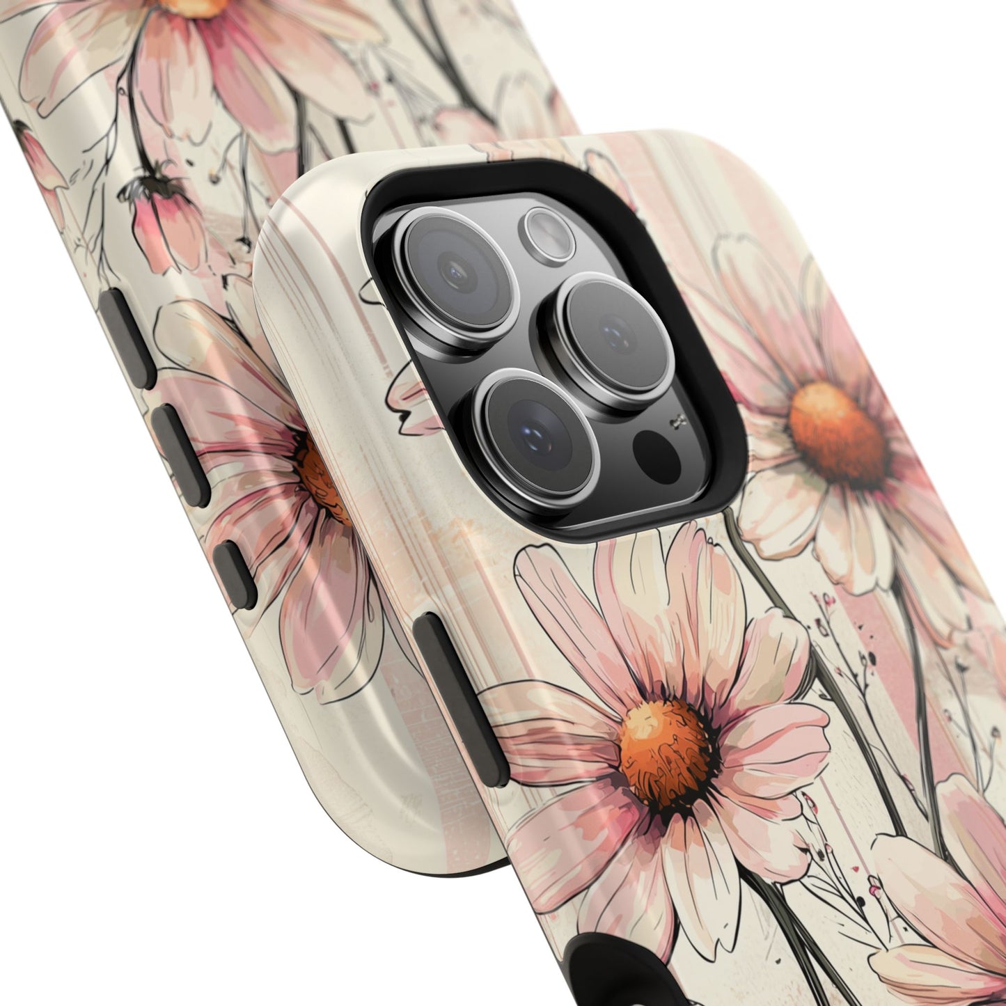 Pastel Pink Daisy MagSafe iPhone Case - Elegant Floral Plaid Protective Cover