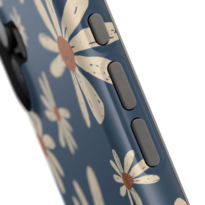 Vintage Daisies MagSafe iPhone Case – Navy Blue Floral Design, Scratch-Resistant with Shock-Absorbing Bumper