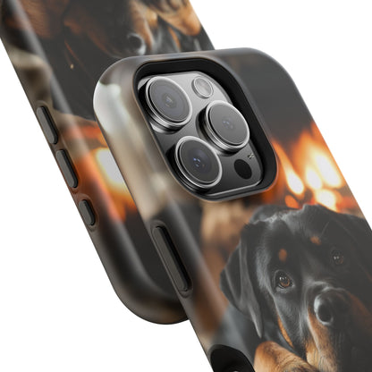 Cozy Rottweiler by the Fireplace MagSafe iPhone Case – Warm Rustic Design