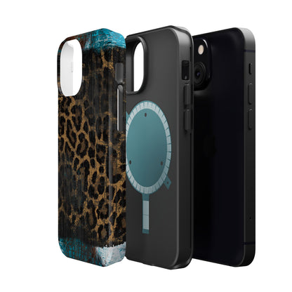 Boho Leopard and Turquoise Tough MagSafe iPhone Case – Rustic Western Design with Dual-Layer Protection