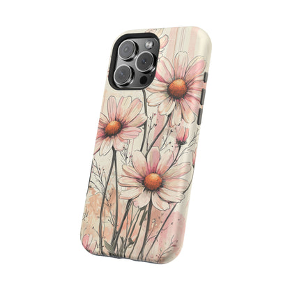 Pastel Pink Daisy MagSafe iPhone Case - Elegant Floral Plaid Protective Cover