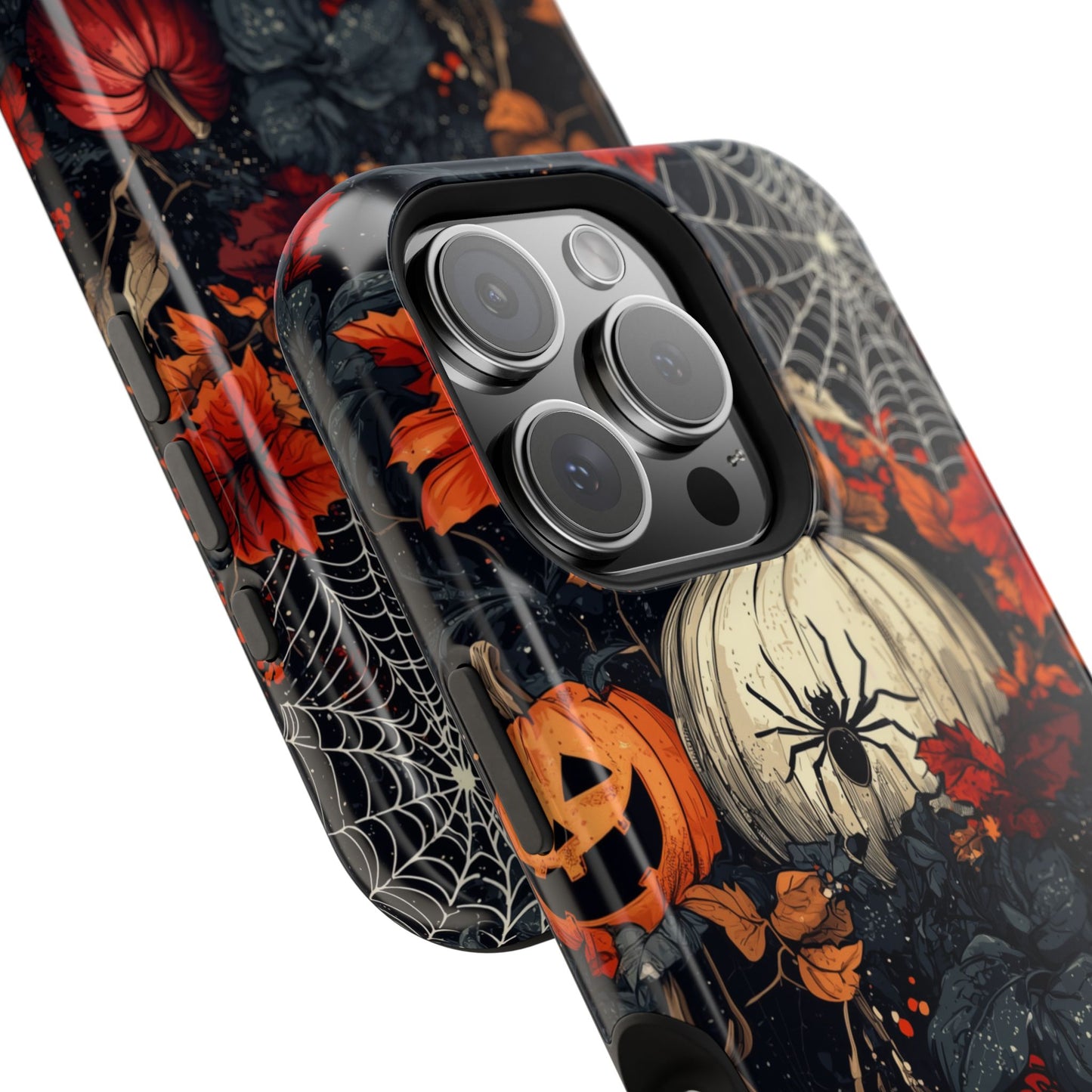 Hauntingly Elegant Halloween MagSafe iPhone Case – Pumpkins, Spiders, and Autumn Leaves Design