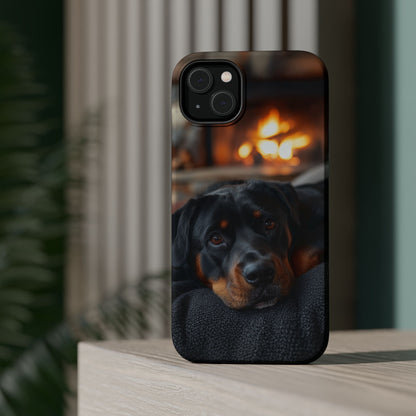 Charming Rottweiler by the Fireplace MagSafe iPhone Case – Cozy & Functional Design