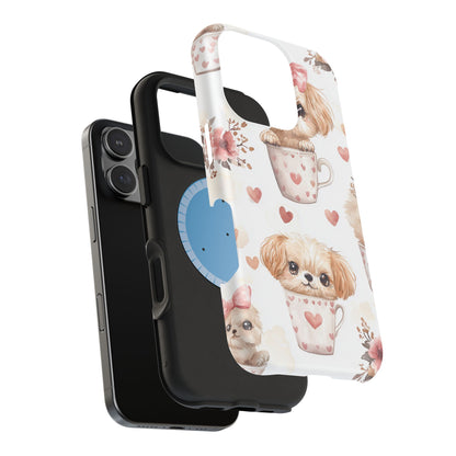 Cute Puppies in Heart MagSafe iPhone Case – Adorable Dog & Floral Design, Shockproof & Slim