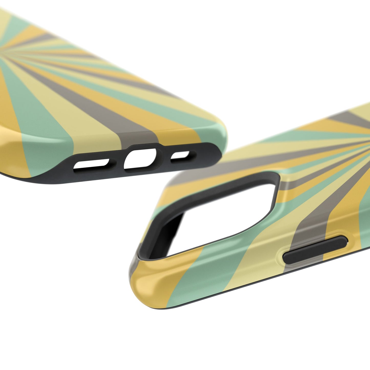 Vintage Sunburst Rays MagSafe iPhone Case – Bold 70s-Inspired Burst in Yellow, Mint, and Gray