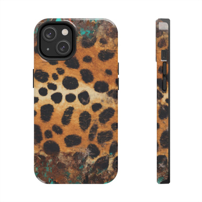 Rustic Leopard Print Tough iPhone Case – Distressed Turquoise and Animal Pattern with Dual-Layer Protection