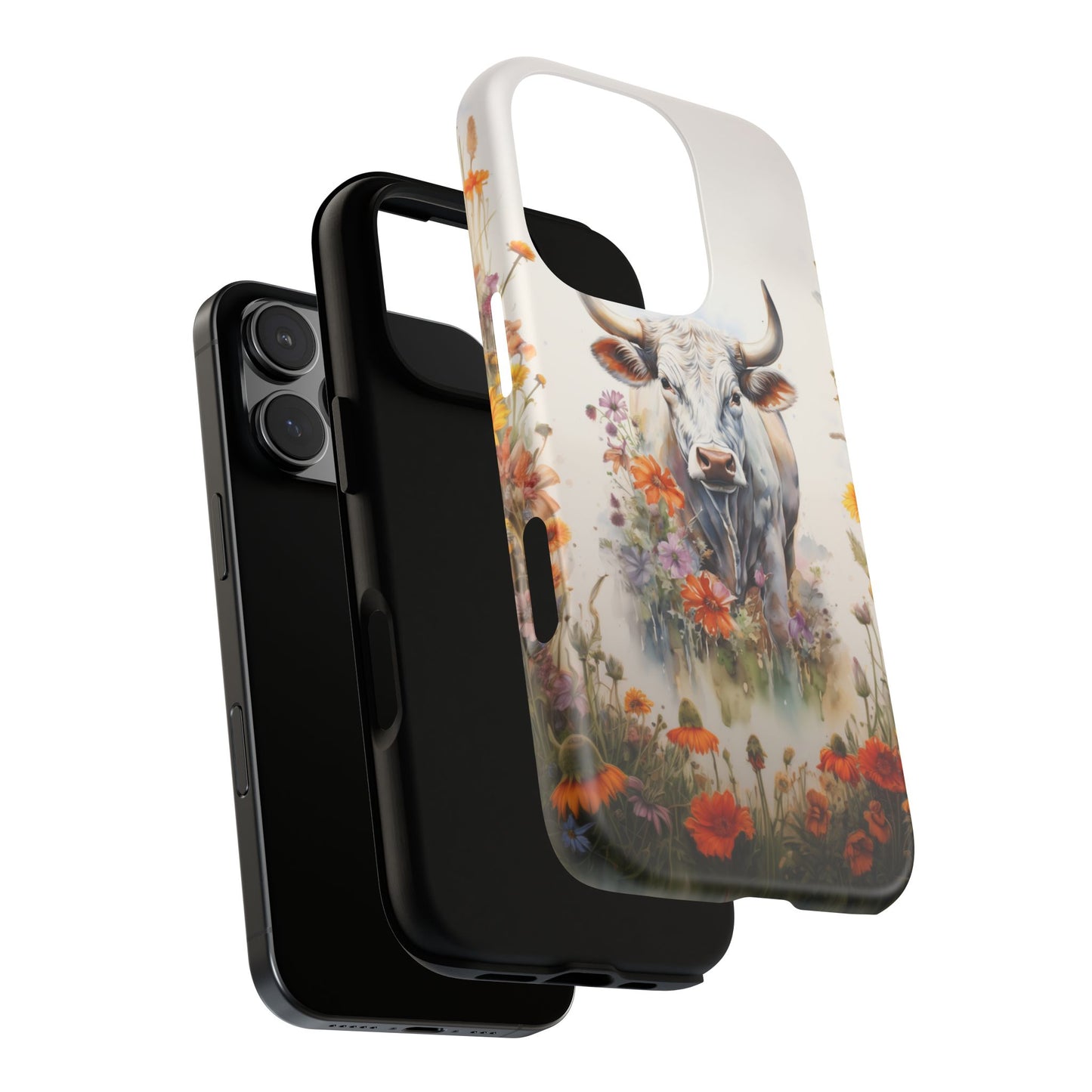 Floral Cow Phone Case - Rustic Western Watercolor Bull. For iPhone, Samsung Galaxy, and Google Pixel Phones. Cute Gift For Any Cow Lover. - BOGO Cases