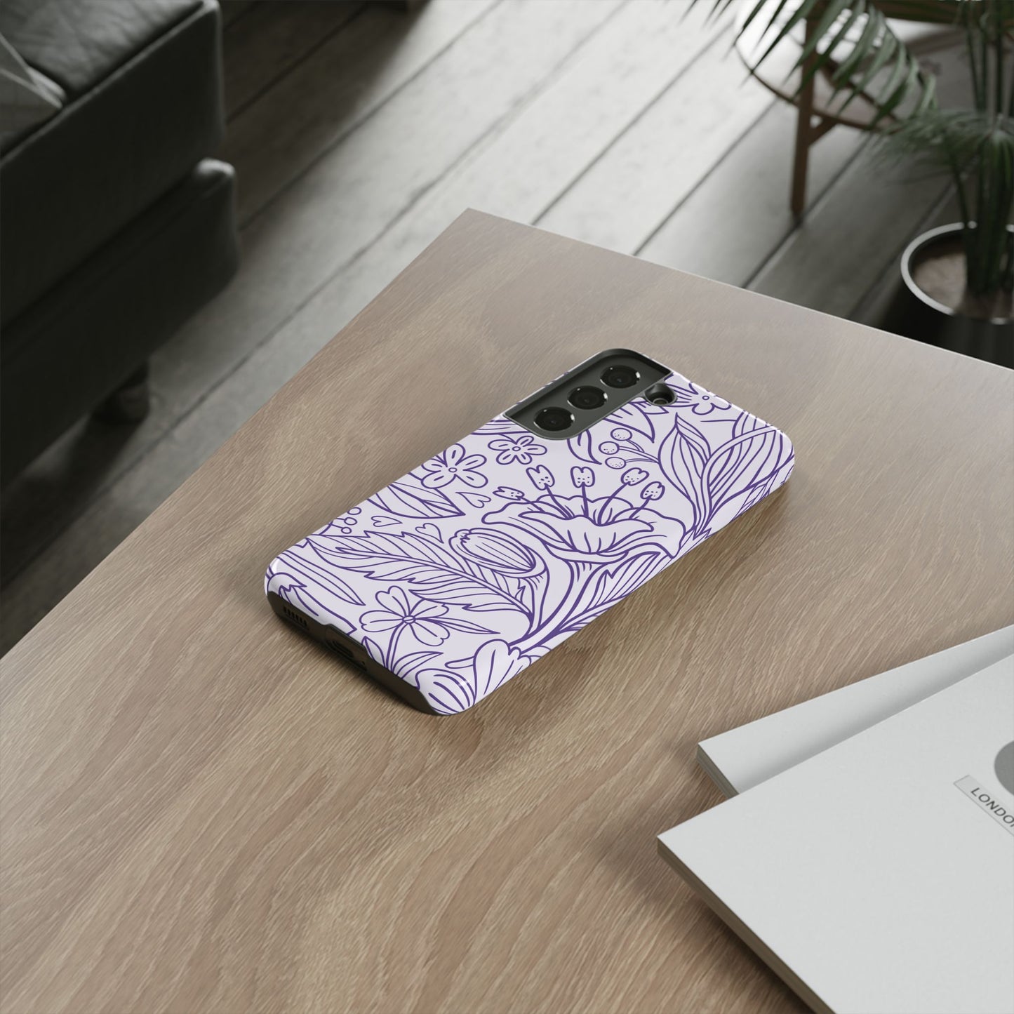 Lavender Floral Line Art Tough Samsung Galaxy Case – Minimalist Botanical Design with Dual-Layer Protection