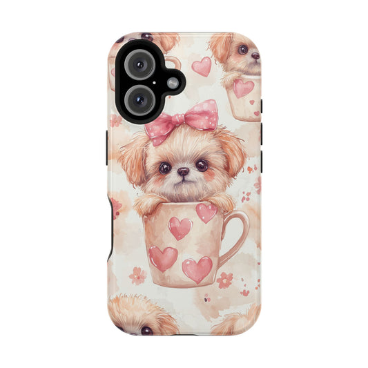 Adorable Puppy in Teacup MagSafe iPhone Case – Tough, Dual-Layer Protection with Cute Pink Bow Design