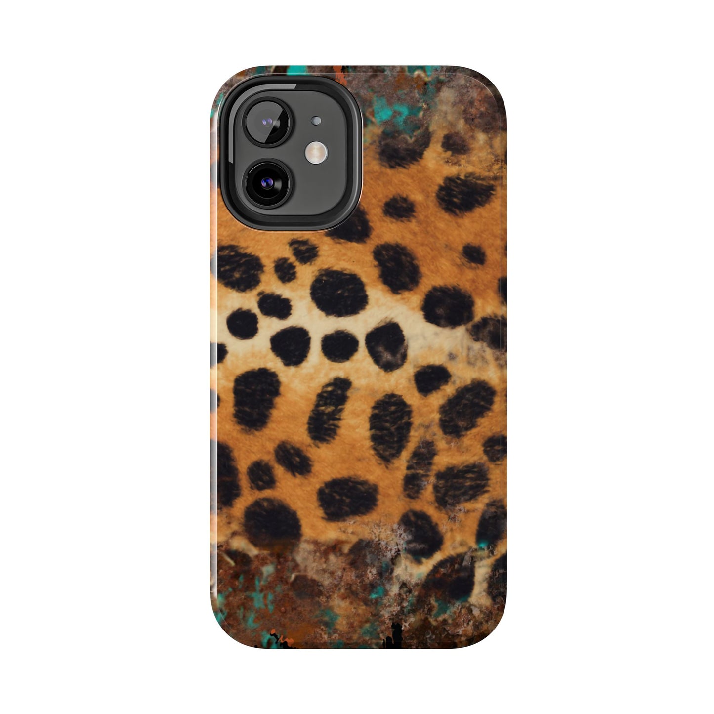 Rustic Leopard Print Tough iPhone Case – Distressed Turquoise and Animal Pattern with Dual-Layer Protection