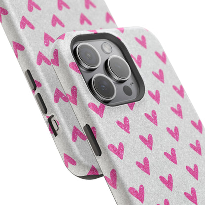 Pink Hearts on Glitter Silver – MagSafe iPhone Case