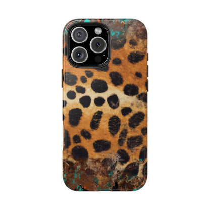 Rustic Leopard Print Tough iPhone Case – Distressed Turquoise and Animal Pattern with Dual-Layer Protection