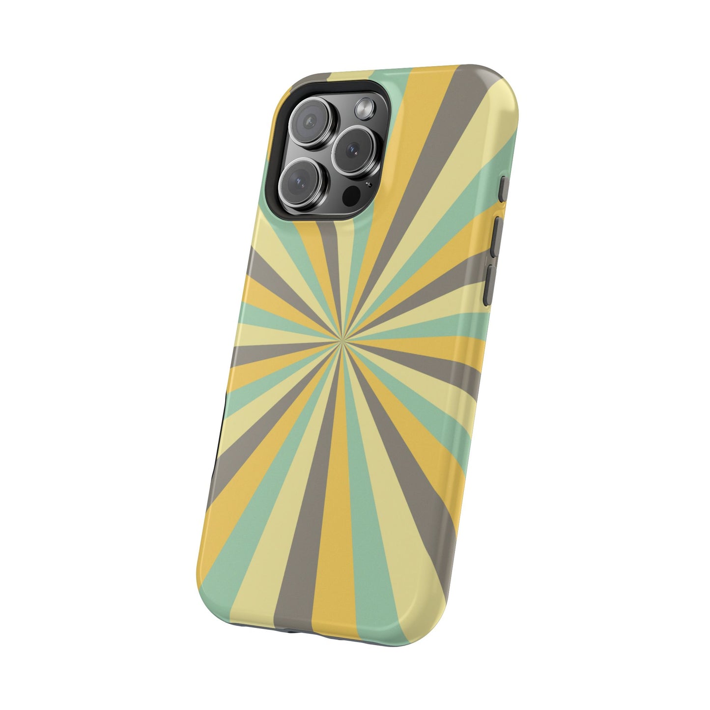 Vintage Sunburst Rays MagSafe iPhone Case – Bold 70s-Inspired Burst in Yellow, Mint, and Gray