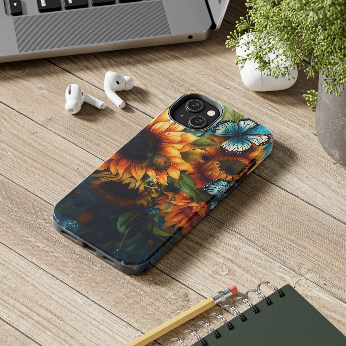 Aqua Blue Butterfly & Sunflower Art – iPhone Case