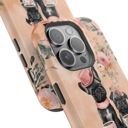 Floral French Bulldogs MagSafe iPhone Case – Elegant Dog Design with Tea Cups & Roses, Shockproof Protection