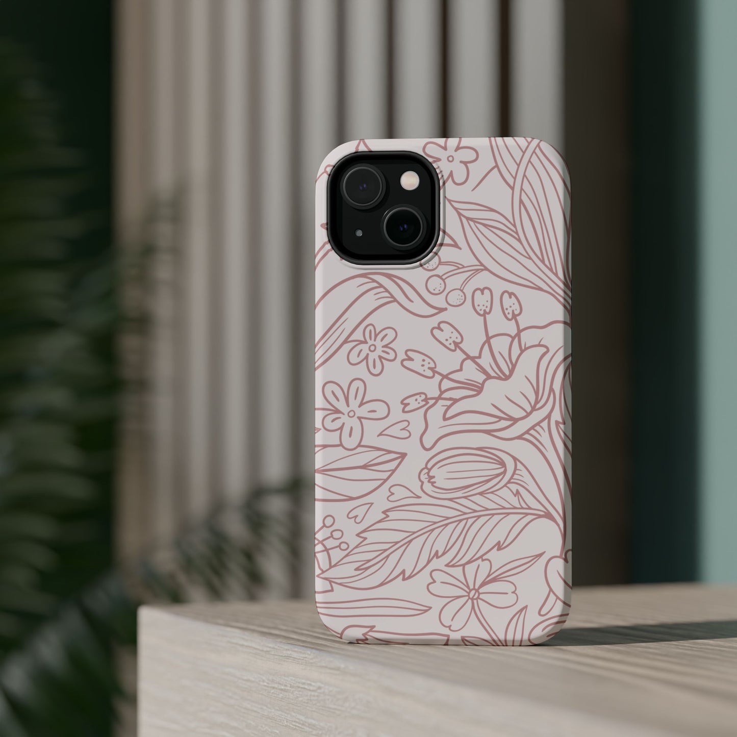 Blush Floral Line Art Tough MagSafe iPhone Case – Delicate Minimalist Design with Dual-Layer Protection