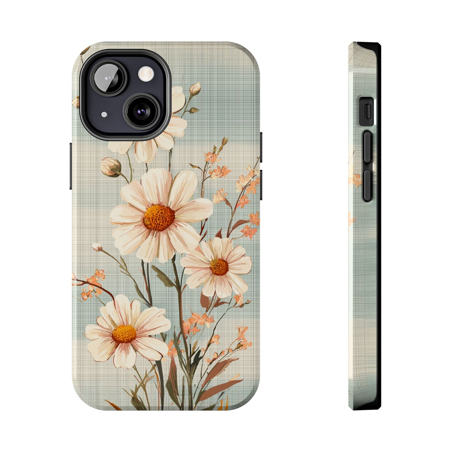 Vintage Plaid & Daisy Floral Tough iPhone Case – Dual-Layer Protection with Retro Flower Design