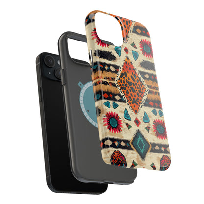 Wild Boho Leopard Print & Floral Tough MagSafe iPhone Case – Eclectic Tribal Design, Dual-Layer Protection