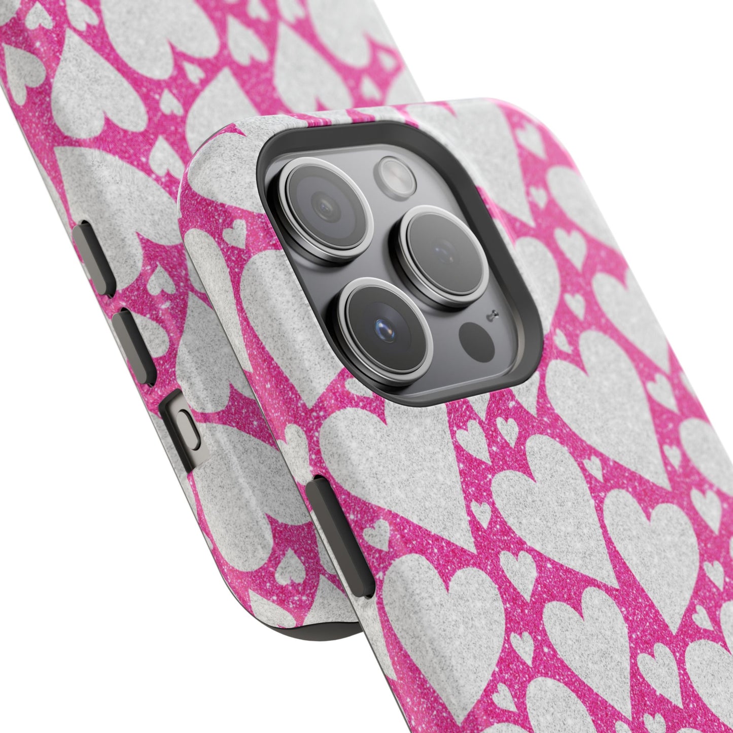 Pink and Silver Glitter Heart Pattern MagSafe Case