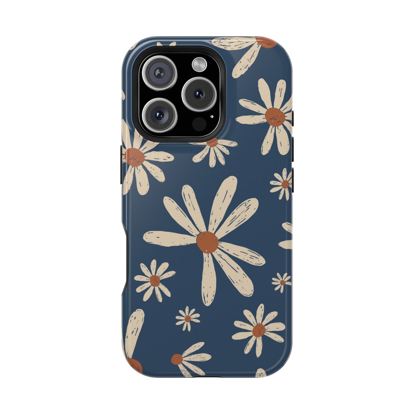 Vintage Daisies MagSafe iPhone Case – Navy Blue Floral Design, Scratch-Resistant with Shock-Absorbing Bumper