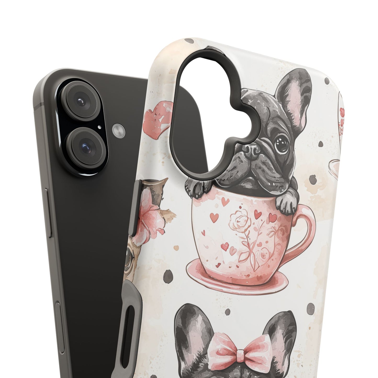 French Bulldogs in Teacups MagSafe iPhone Case – Cute Dog Design with Hearts & Bows, Shockproof & Slim