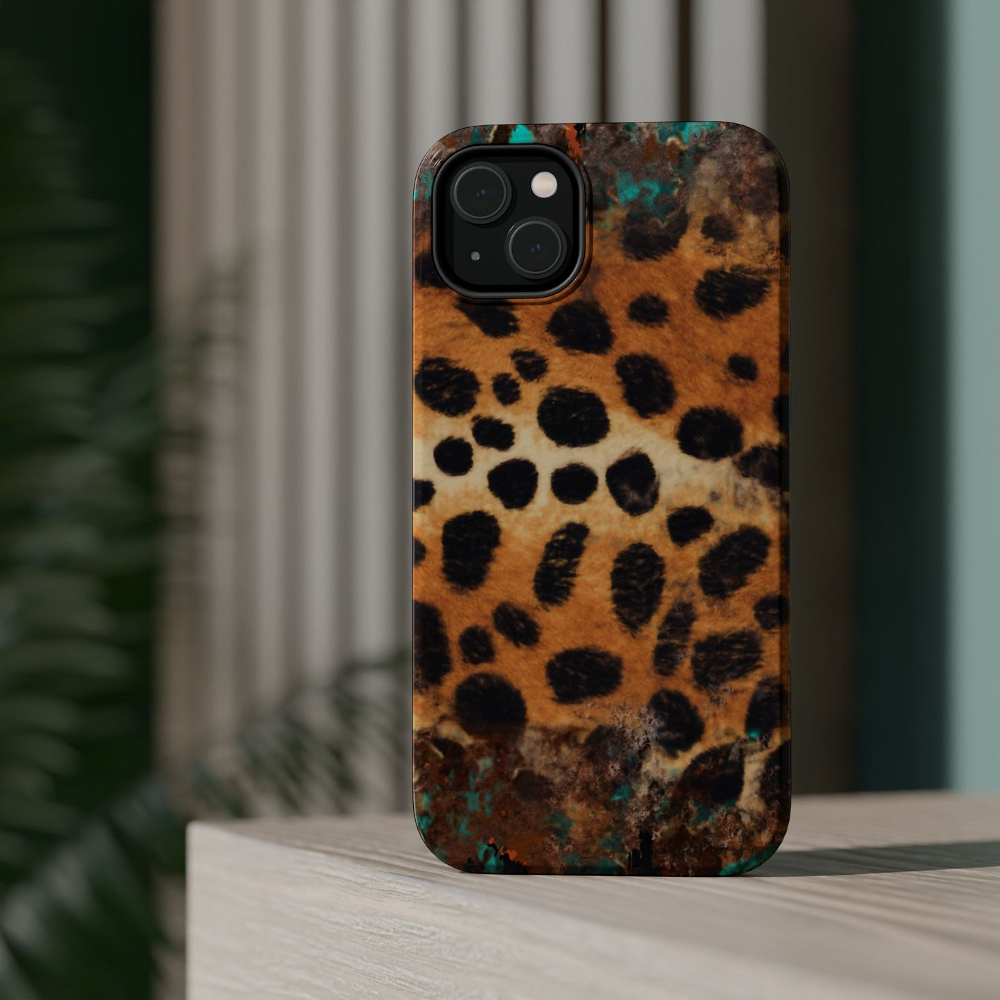 Rustic Leopard Print Tough MagSafe iPhone Case – Distressed Turquoise and Animal Pattern with Dual-Layer Protection