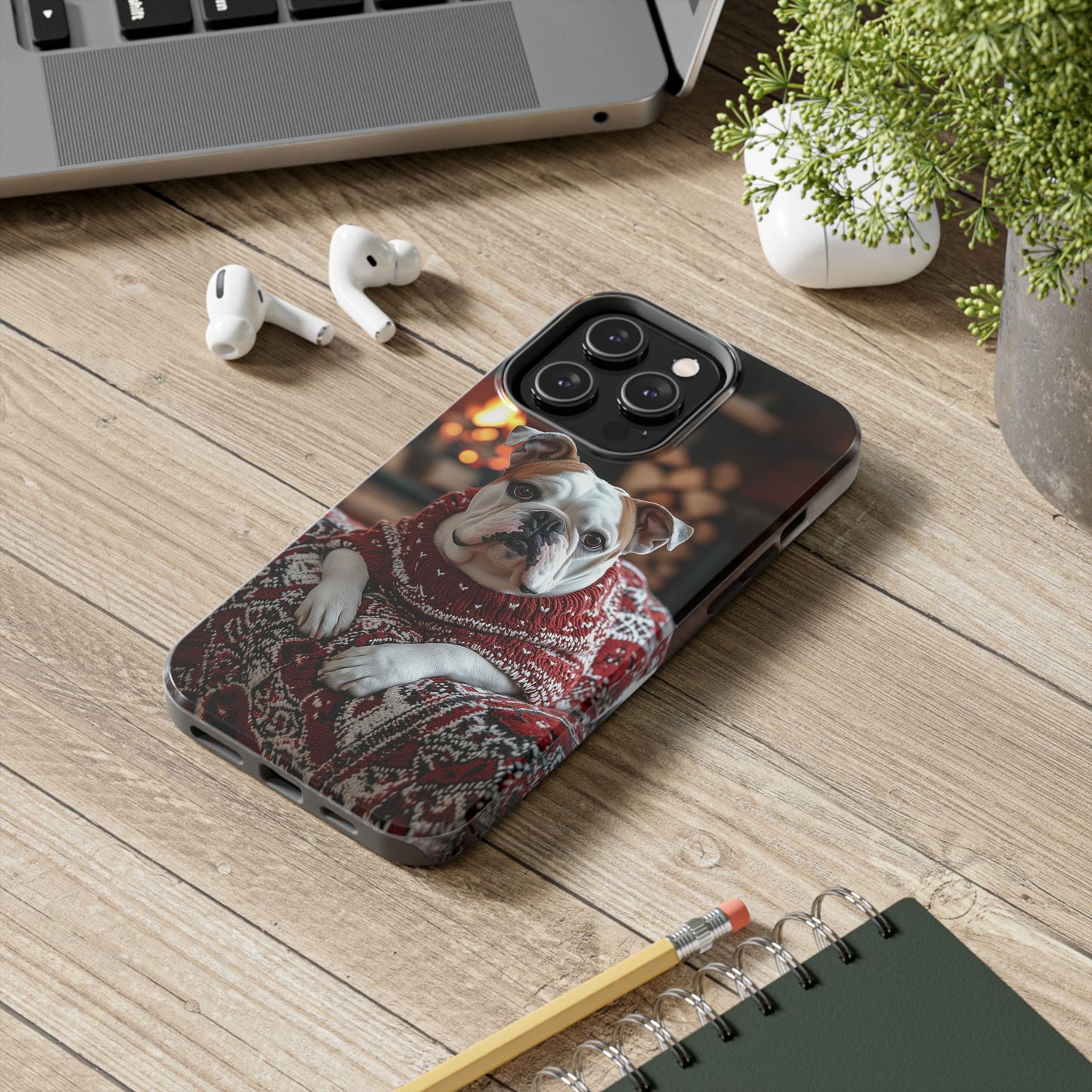 Cozy Bulldog in Sweater iPhone Case – Festive Fireplace Protective Cover