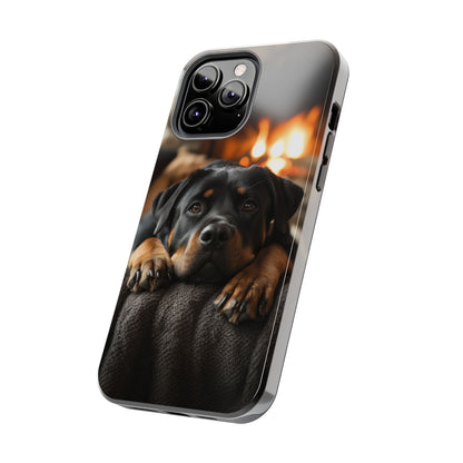 Cozy Rottweiler by the Fireplace iPhone Case – Warm Rustic Design