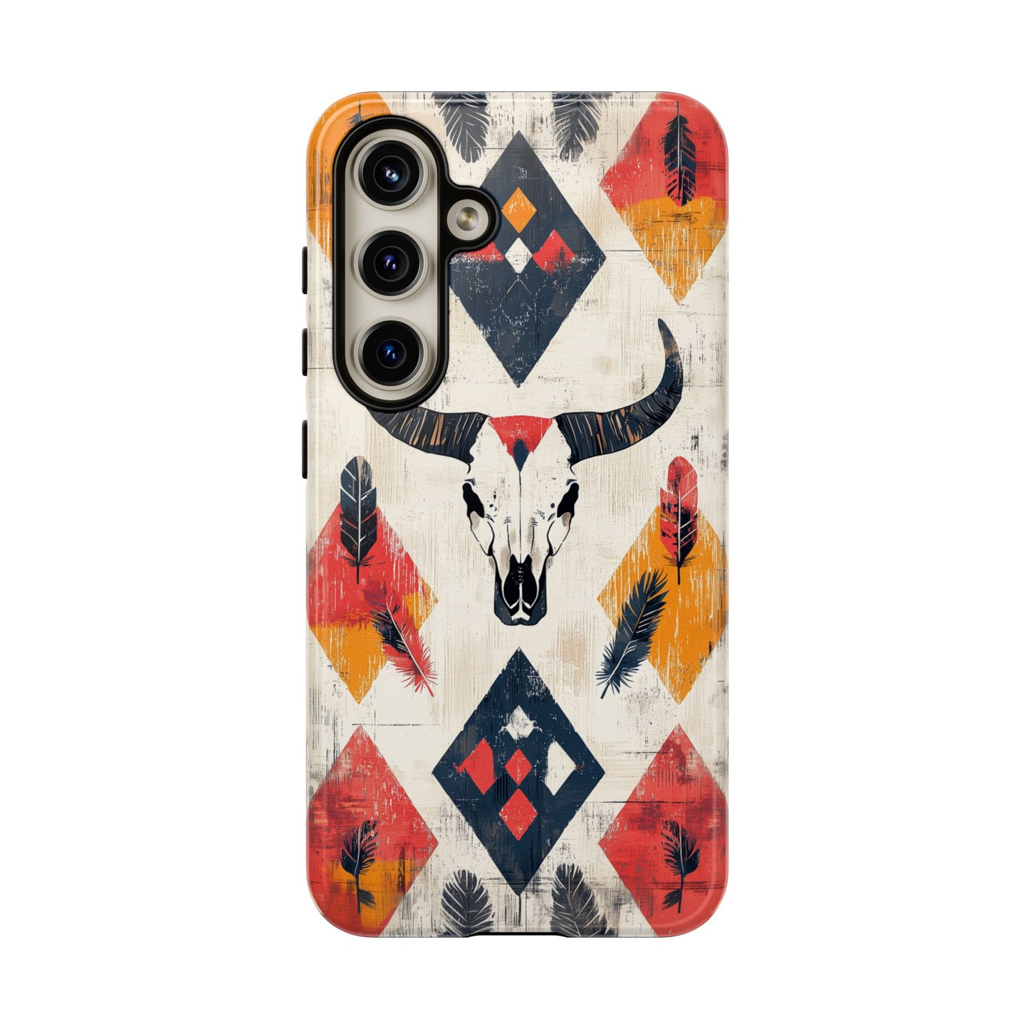 Western Bull Skull & Feathers Tough Samsung Galaxy Case – Bold Tribal Design, Dual - Layer Protection - BOGO Cases