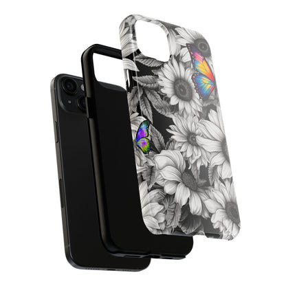 Rainbow Butterflies & Monochrome Sunflowers – iPhone Case