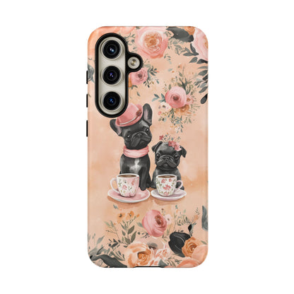 Floral French Bulldogs Samsung Galaxy Case – Elegant Dog Design with Tea Cups & Roses, Shockproof Protection - BOGO Cases