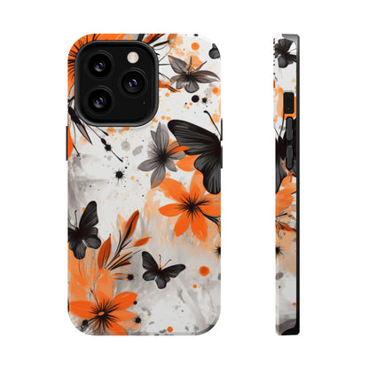 Orange Blossom & Black Butterfly MagSafe iPhone Case – Bold Floral Pattern with Modern Abstract Style