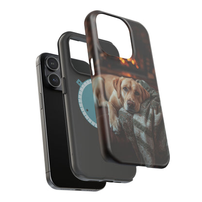Cozy Labrador by Fireplace MagSafe iPhone Case – Rustic Cabin Protective Cover