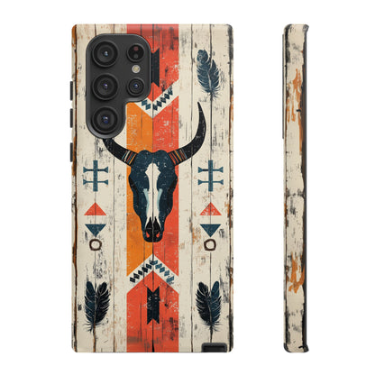Rustic Western Bull Skull Tough Samsung Galaxy Case – Distressed Wood Design, Dual-Layer Protection