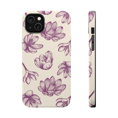 Vintage Botanical Floral Tough MagSafe iPhone Case – Hand-Drawn Purple Flowers, Shockproof Design