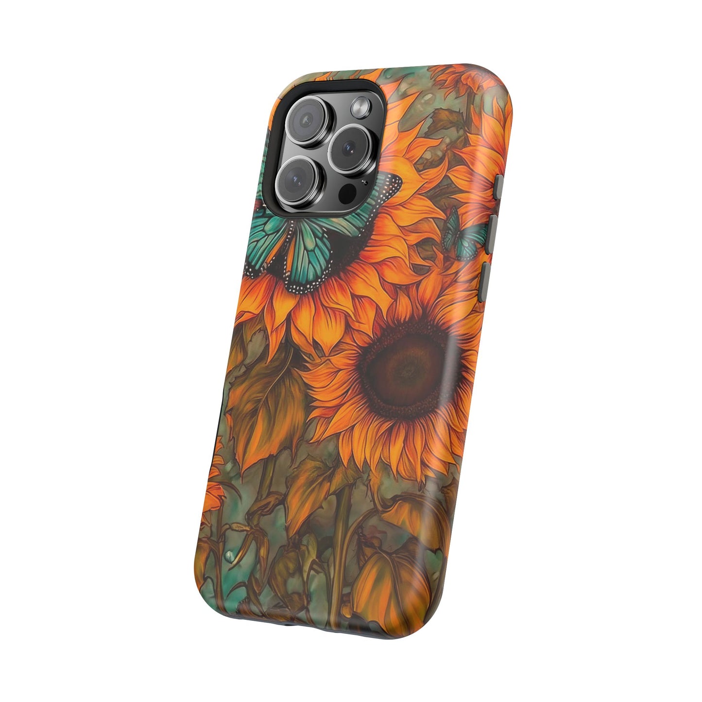 Vintage Blue Butterfly & Sunflower Art – MagSafe iPhone Case