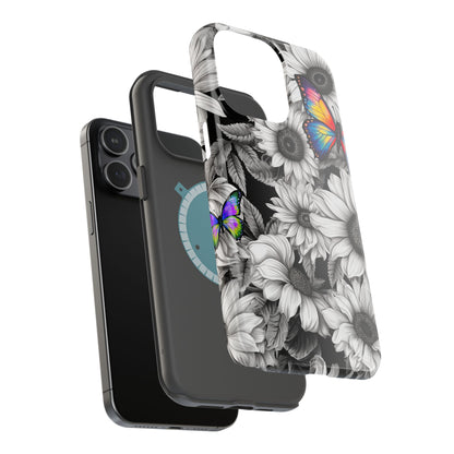 Rainbow Butterflies & Monochrome Sunflowers – MagSafe iPhone Case