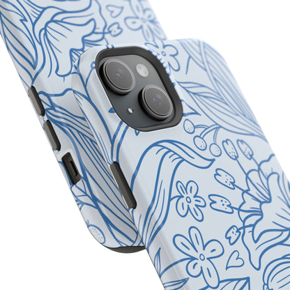 Dusty Blue Floral Line Art Tough MagSafe iPhone Case – Minimalist Botanical Design with Dual-Layer Protection