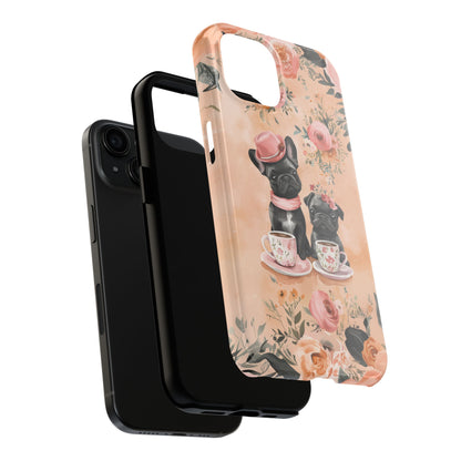 Floral French Bulldogs iPhone Case – Elegant Dog Design with Tea Cups & Roses, Shockproof Protection - BOGO Cases