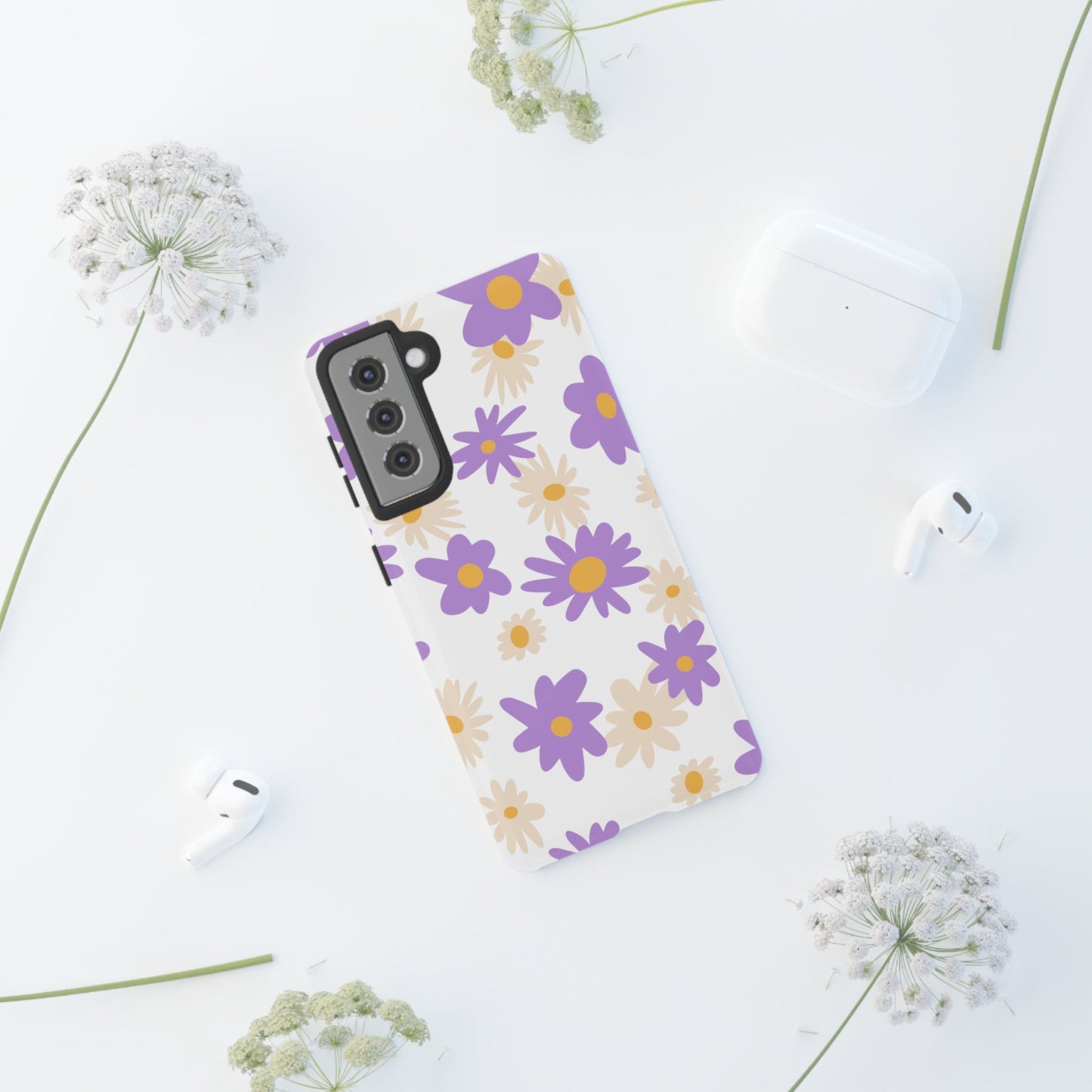 Retro Daisy Flower Samsung Galaxy Case – Pastel Purple & Cream Floral Design with Matte Finish