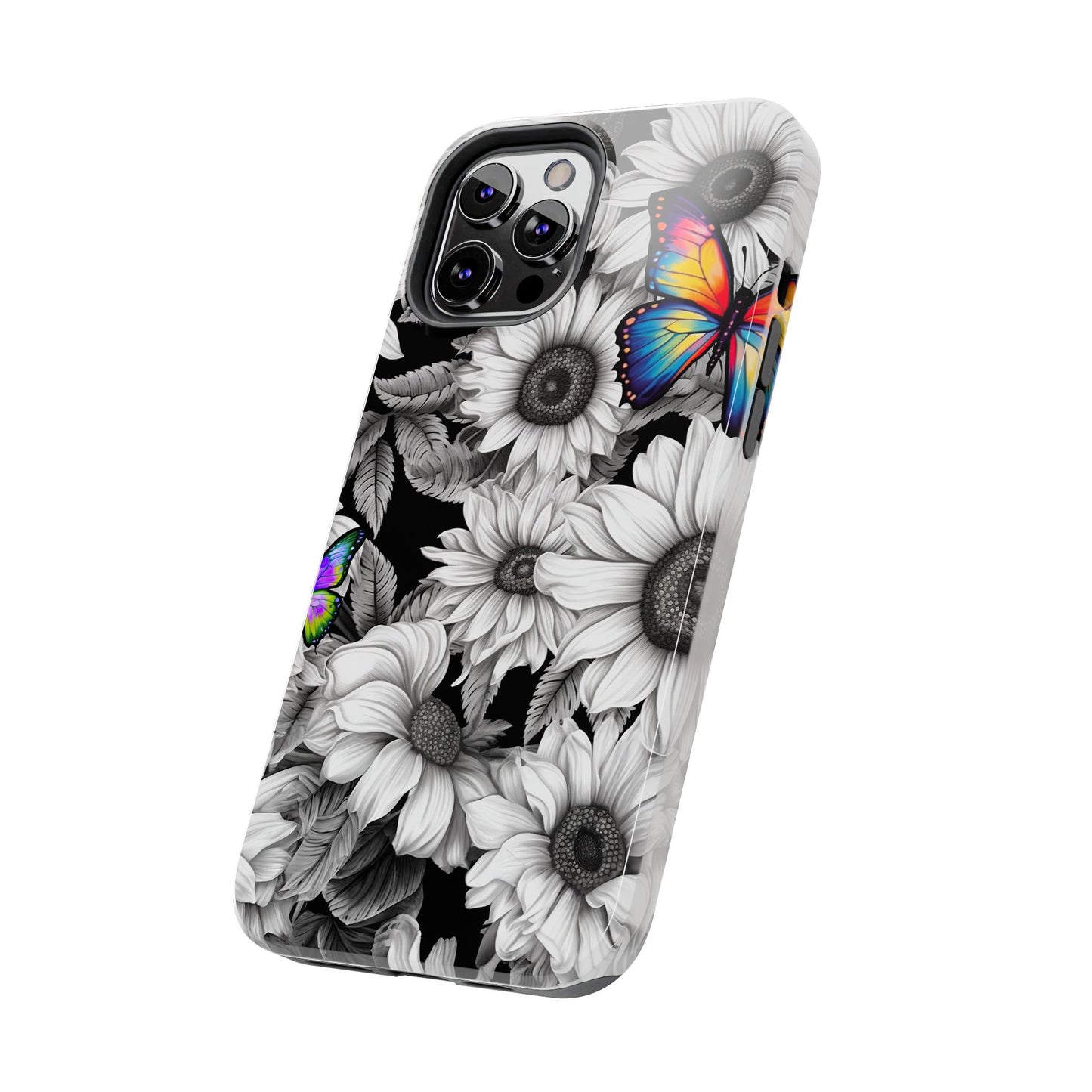 Rainbow Butterflies & Monochrome Sunflowers – iPhone Case