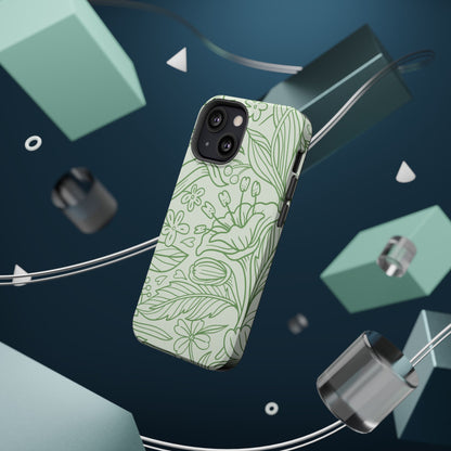 Sage Green Floral Line Art Tough MagSafe iPhone Case – Minimalist Botanical Design with Dual-Layer Protection