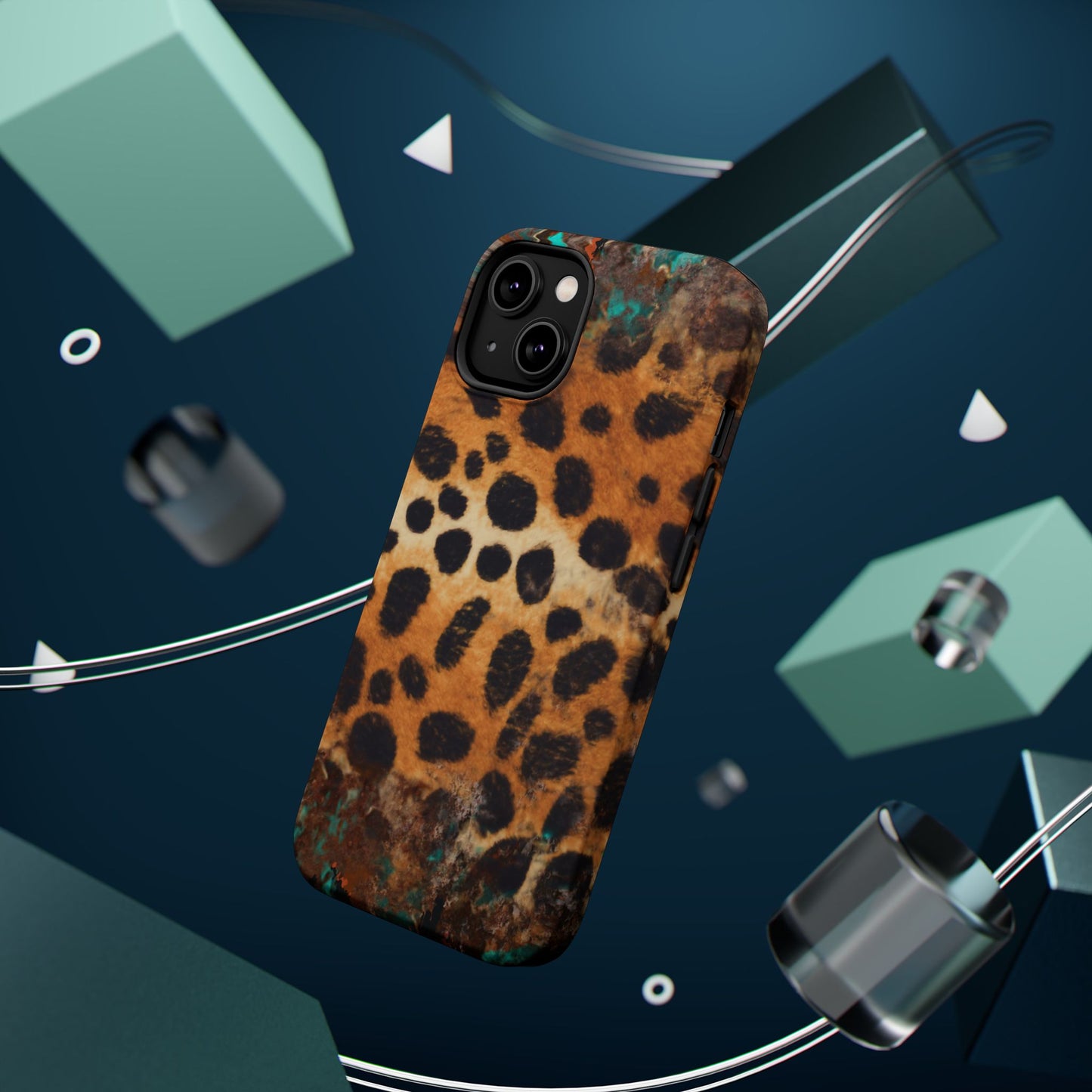 Rustic Leopard Print Tough MagSafe iPhone Case – Distressed Turquoise and Animal Pattern with Dual-Layer Protection