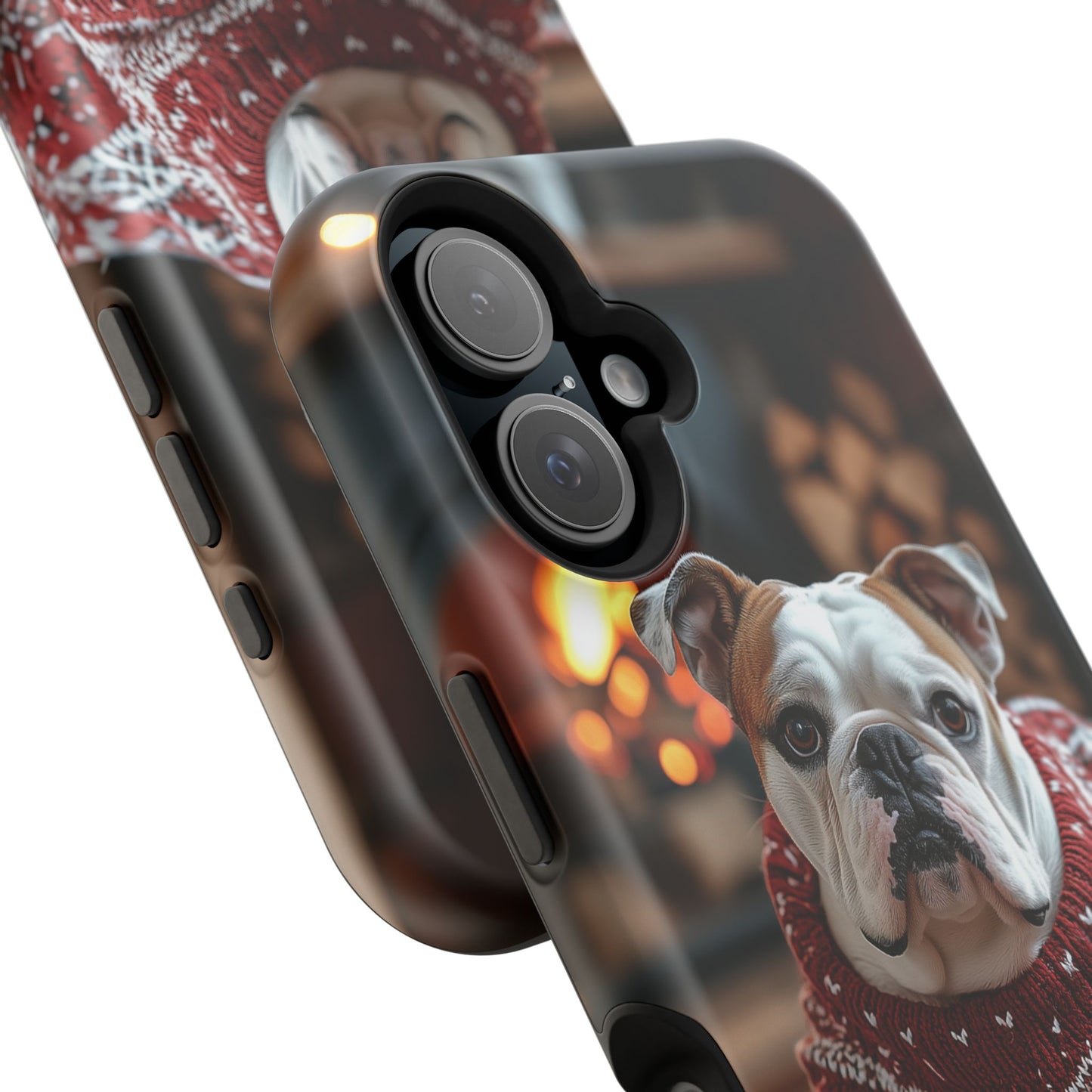 Cozy Bulldog in Sweater MagSafe iPhone Case – Festive Fireplace Protective Cover